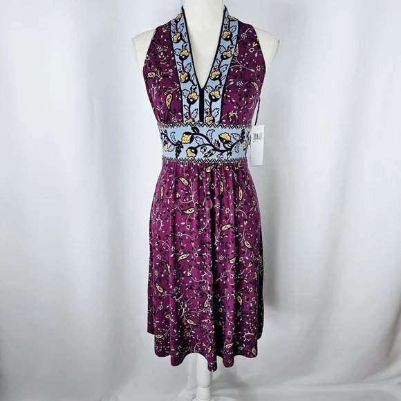 Wisp Ryenne Jersey Women's Purple Floral Print V-Neck Sleeveless Dress Size 2 - Picture 2 of 16